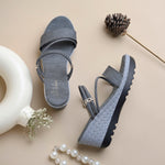 Load image into Gallery viewer, Women’s Denim-Textured Wedge Heel Slip-On Sandals