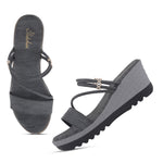 Load image into Gallery viewer, Women’s Denim-Textured Wedge Heel Slip-On Sandals
