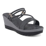 Load image into Gallery viewer, Women’s Denim-Textured Wedge Heel Slip-On Sandals