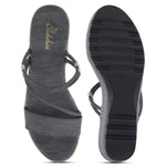 Load image into Gallery viewer, Women’s Denim-Textured Wedge Heel Slip-On Sandals