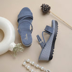 Load image into Gallery viewer, Women’s Denim-Textured Wedge Heel Slip-On Sandals