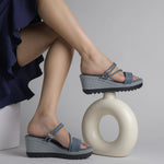 Load image into Gallery viewer, Women’s Denim-Textured Wedge Heel Slip-On Sandals