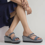 Load image into Gallery viewer, Women’s Denim-Textured Wedge Heel Slip-On Sandals