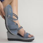 Load image into Gallery viewer, Women’s Denim-Textured Wedge Heel Slip-On Sandals