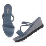 Load image into Gallery viewer, Women’s Denim-Textured Wedge Heel Slip-On Sandals