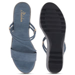 Load image into Gallery viewer, Women’s Denim-Textured Wedge Heel Slip-On Sandals