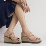 Load image into Gallery viewer, Women’s Denim-Textured Wedge Heel Slip-On Sandals