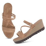 Load image into Gallery viewer, Women’s Denim-Textured Wedge Heel Slip-On Sandals
