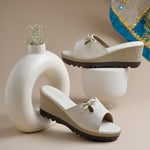 Load image into Gallery viewer, Women's Textured Wedge Heel Slide Sandals with Bow Detail