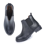 Load image into Gallery viewer, Black leather Block Heeled Chelsea Boots with elastic side panels and chunky sole, shown from side and top angles