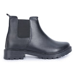 Load image into Gallery viewer, Black leather Block Heeled Chelsea Boots with elastic side panels and chunky sole, perfect for formal and casual wear