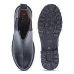 Load image into Gallery viewer, Block Heeled Chelsea Boots in black leather with star-patterned rubber sole and elastic side panels, top and bottom view