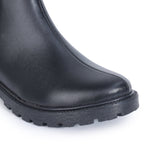 Load image into Gallery viewer, Block Heeled Chelsea Boots in black leather featuring textured upper, rounded toe, and durable rubber lug sole for comfort and style