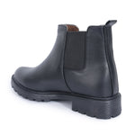 Load image into Gallery viewer, Black leather Block Heeled Chelsea Boots with elastic side panels and sturdy sole, shown from side angle view