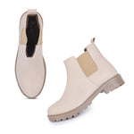 Load image into Gallery viewer, Block Heeled Chelsea Boots in cream leather with elastic side panels and chunky sole, shown from top and side angles