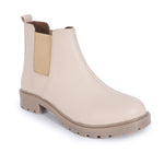Load image into Gallery viewer, Block Heeled Chelsea Boots in cream leather with elastic side panels and chunky sole, featuring classic pull-on design