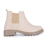 Load image into Gallery viewer, Block Heeled Chelsea Boots in cream leather with elastic side panels and chunky sole, perfect for modern formal wear
