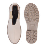 Load image into Gallery viewer, Block Heeled Chelsea Boots in cream leather with star-patterned chunky sole and elastic side panels, displaying top and bottom views