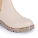 Load image into Gallery viewer, Block Heeled Chelsea Boots in cream leather with sturdy sole and classic ankle-high design, featuring elegant stitching details