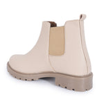 Load image into Gallery viewer, Block Heeled Chelsea Boots in cream leather with beige elastic panels and chunky sole, shown from side angle view