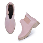 Load image into Gallery viewer, Block Heeled Chelsea Boots in soft pink leather with elastic side panels and chunky beige sole, shown from side and front angles
