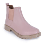 Load image into Gallery viewer, Block Heeled Chelsea Boots in dusty pink leather with beige elastic panels and chunky sole, perfect for modern formal wear
