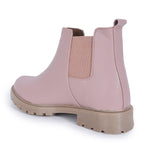 Load image into Gallery viewer, Block Heeled Chelsea Boots in soft pink leather with elastic side panels and beige rubber sole, side view