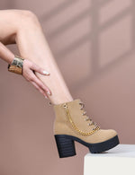 Load image into Gallery viewer, Padchin Women Block Heel Beige Boot With Zipper & Lace Up Style