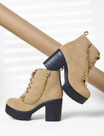 Load image into Gallery viewer, Padchin Women Block Heel Beige Boot With Zipper & Lace Up Style