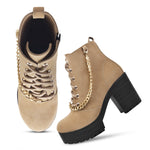 Load image into Gallery viewer, Padchin Women Block Heel Beige Boot With Zipper & Lace Up Style