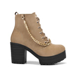 Load image into Gallery viewer, Padchin Women Block Heel Beige Boot With Zipper & Lace Up Style