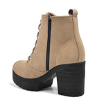 Load image into Gallery viewer, Padchin Women Block Heel Beige Boot With Zipper & Lace Up Style