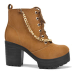 Load image into Gallery viewer, Padchin Women Block Heel Beige Boot With Zipper & Lace Up Style