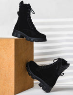 Load image into Gallery viewer, Padchin Women Block Heel Cream Boot With Chunky Lug Sole & Lace Up Style