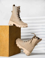 Load image into Gallery viewer, Padchin Women Block Heel Cream Boot With Chunky Lug Sole & Lace Up Style