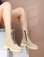 Load image into Gallery viewer, Padchin Women Block Heel Cream Boot With Chunky Lug Sole & Lace Up Style