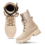 Load image into Gallery viewer, Padchin Women Block Heel Cream Boot With Chunky Lug Sole & Lace Up Style