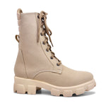 Load image into Gallery viewer, Padchin Women Block Heel Cream Boot With Chunky Lug Sole & Lace Up Style