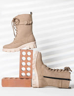 Load image into Gallery viewer, Padchin Womens Block Heel Beige Boot With Chunky Lug Sole and Decorative Side Buckle Style