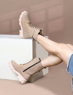 Load image into Gallery viewer, Padchin Womens Block Heel Beige Boot With Chunky Lug Sole and Decorative Side Buckle Style