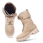 Load image into Gallery viewer, Padchin Womens Block Heel Beige Boot With Chunky Lug Sole and Decorative Side Buckle Style