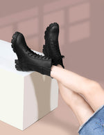 Load image into Gallery viewer, Padchin Womens Block Heel Beige Boot With Chunky Lug Sole and Decorative Side Buckle Style