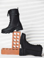 Load image into Gallery viewer, Padchin Womens Block Heel Beige Boot With Chunky Lug Sole and Decorative Side Buckle Style