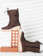 Load image into Gallery viewer, Padchin Womens Block Heel Beige Boot With Chunky Lug Sole and Decorative Side Buckle Style