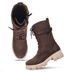 Load image into Gallery viewer, Padchin Womens Block Heel Beige Boot With Chunky Lug Sole and Decorative Side Buckle Style