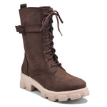 Load image into Gallery viewer, Padchin Womens Block Heel Beige Boot With Chunky Lug Sole and Decorative Side Buckle Style