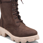 Load image into Gallery viewer, Padchin Womens Block Heel Beige Boot With Chunky Lug Sole and Decorative Side Buckle Style