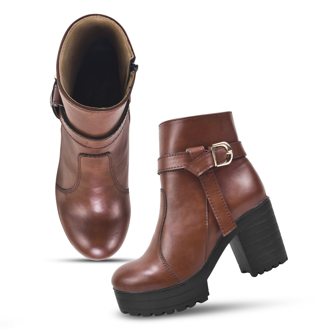 Padchin Women's Block Heel Boot | High ankle Monk Strap Tan Boots for Women