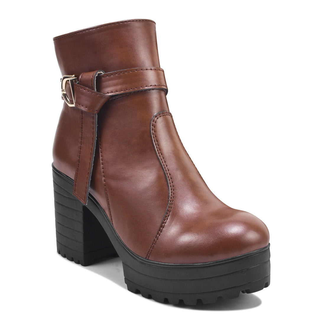 Padchin Women's Block Heel Boot | High ankle Monk Strap Tan Boots for Women