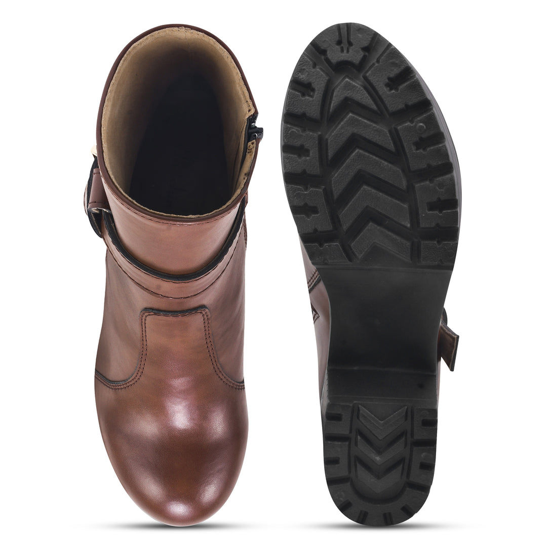 Padchin Women's Block Heel Boot | High ankle Monk Strap Tan Boots for Women